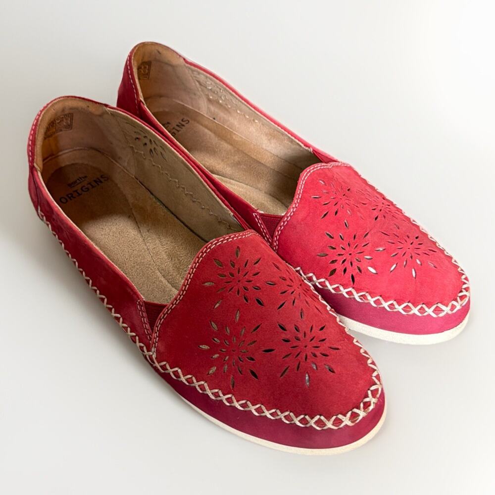 Earth Origins Leather Whipstitch Slip-Ons Freya Red Floral Comfort Women Size 9